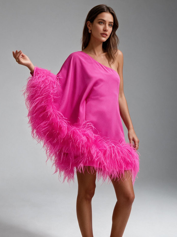 Fuchsia Ostrich Feather One-Shoulder Poncho Party Dress YW2610062