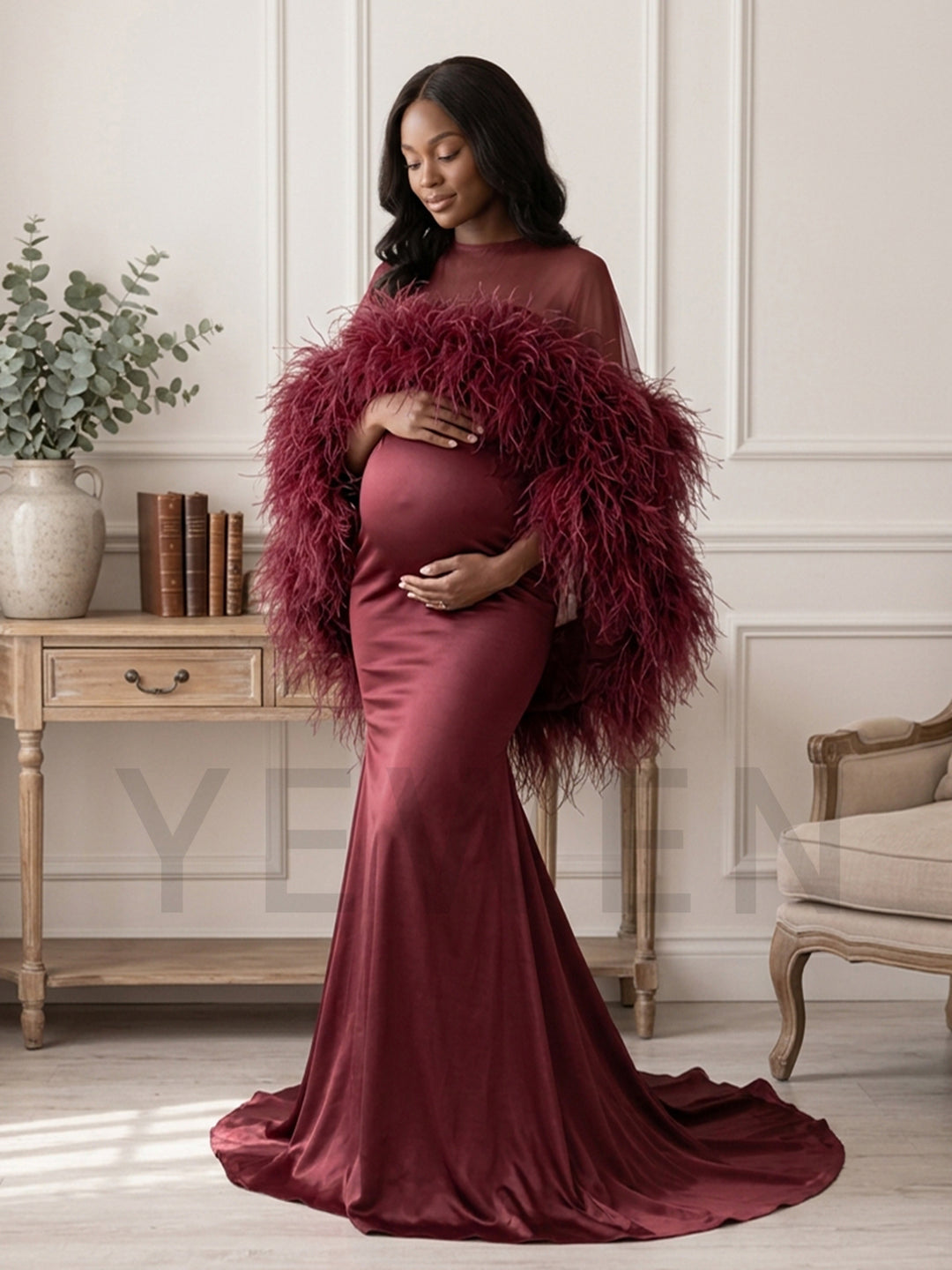 Burgundy Ostrich Feather Cape Maternity Baby Shower Dress YD260917