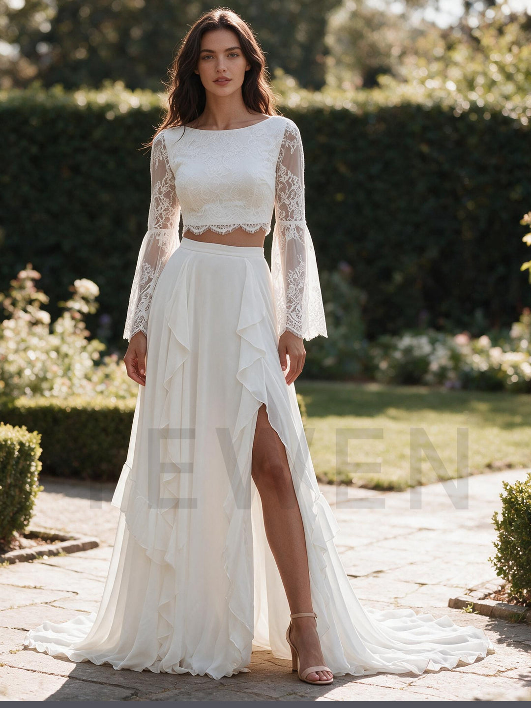 Ivory Two-Piece Lace Crop Top Sheer Bell Sleeves Boho Wedding Dress