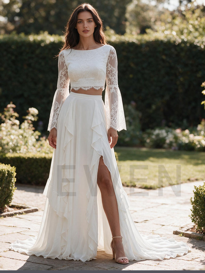 Ivory Two-Piece Lace Crop Top Sheer Bell Sleeves Boho Wedding Dress