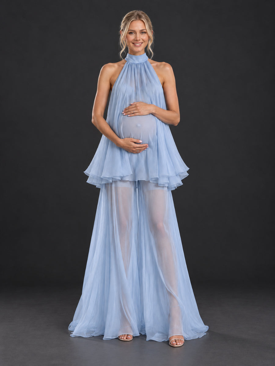 Blue Halter Sheer Tulle Wide-Leg Maternity Photoshoot Gown HA261002