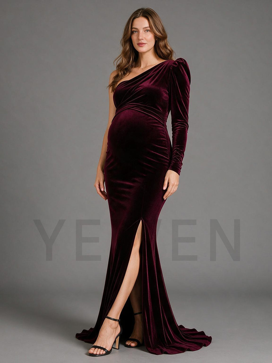 Burgundy Velvet Maternity Dress for Baby Shower High Slit Mermaid Gown