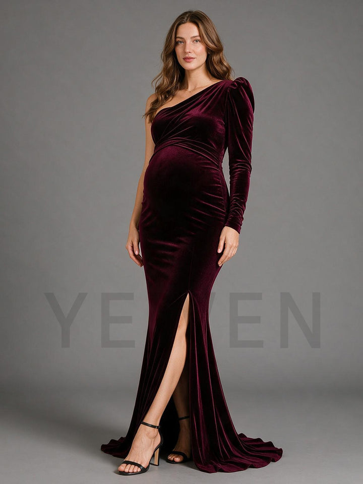 Burgundy Velvet Maternity Dress for Baby Shower High Slit Mermaid Gown