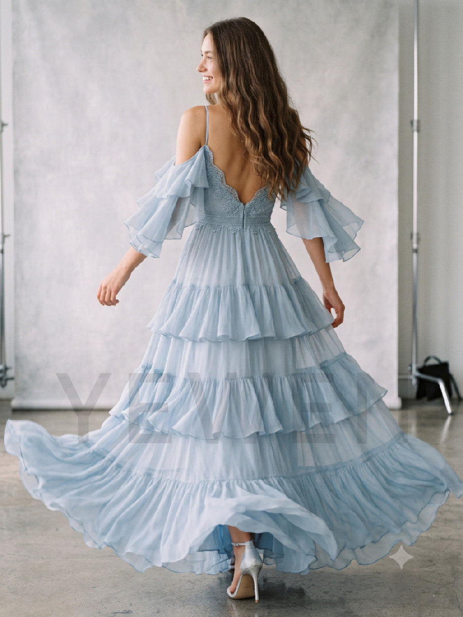 Blue Spaghetti Strap Tiered Ruffle Chiffon Evening Dress ZO269003