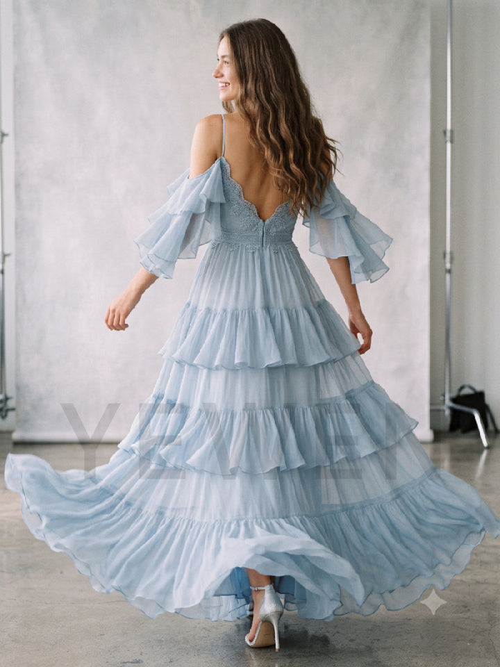 Blue Spaghetti Strap Tiered Ruffle Chiffon Evening Dress ZO269003