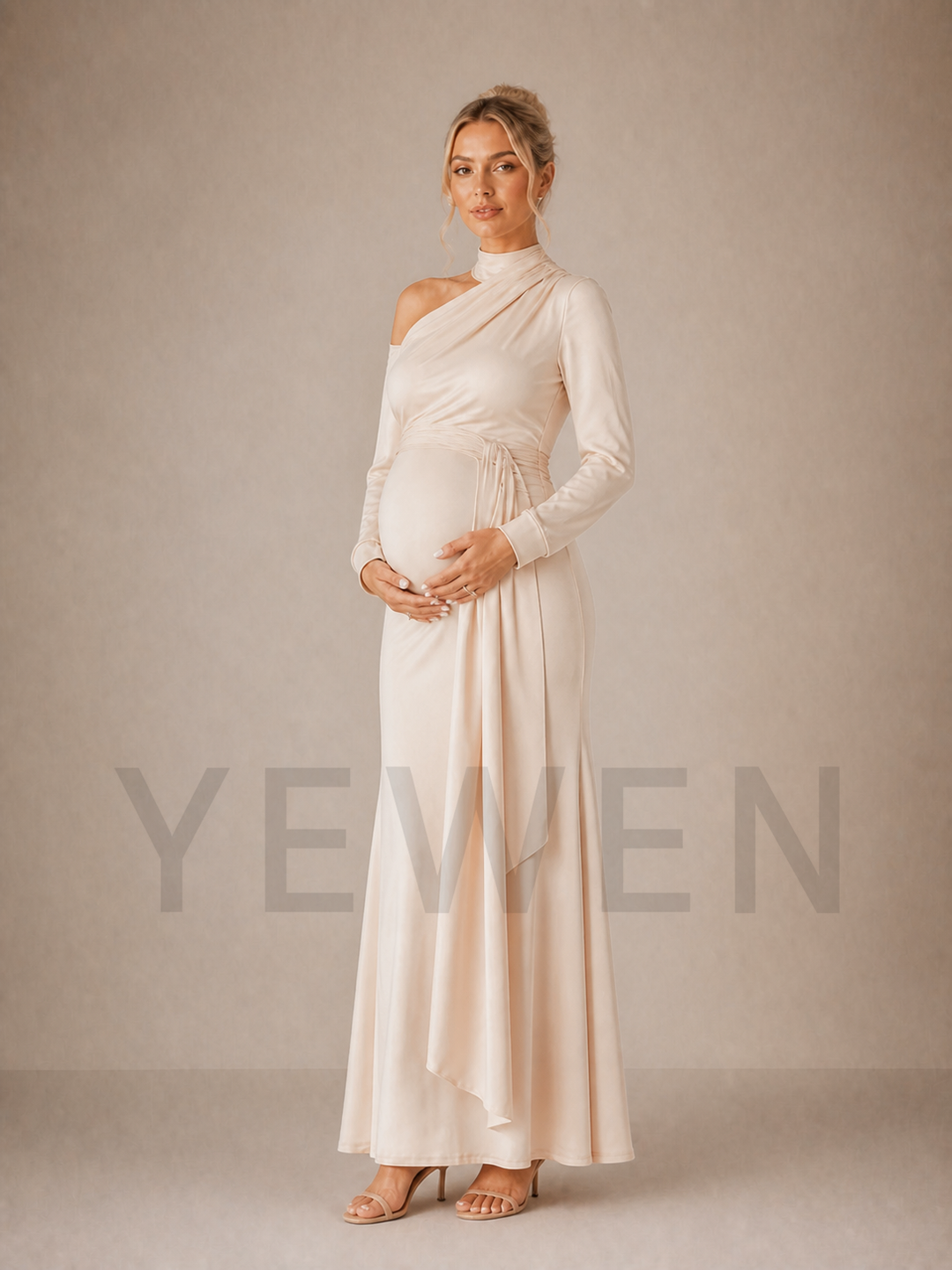 Champagne Maternity Baby Shower Dress Cold Shoulder Mock Neck Gown ZX008