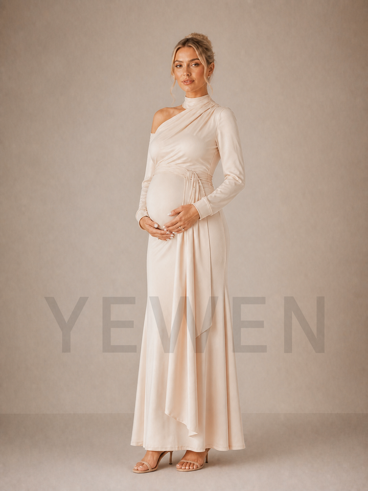Champagne Maternity Baby Shower Dress Cold Shoulder Mock Neck Gown ZX008