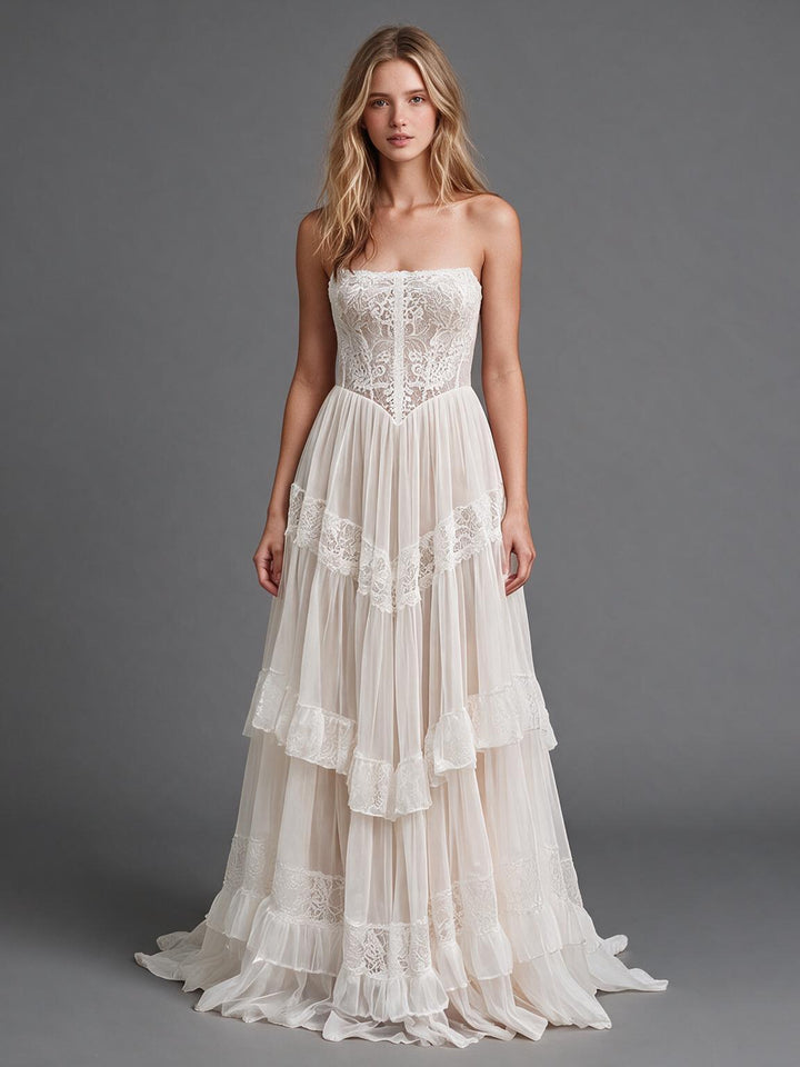 Ivory Strapless Sweetheart Lace Boho Wedding Dress with Tiered Ruffle Skirt