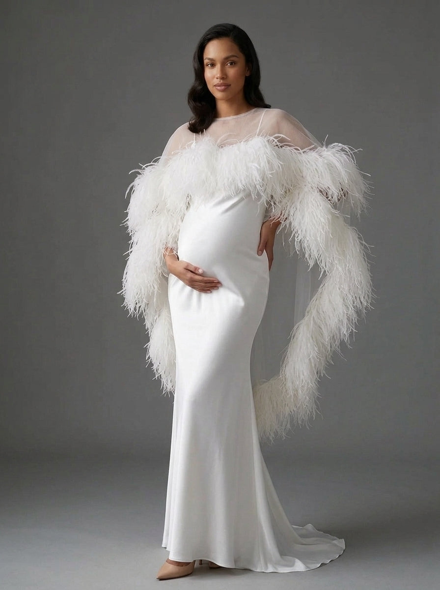 7-Layer Ostrich Feather Cape White Maternity Baby Shower DressYD261018