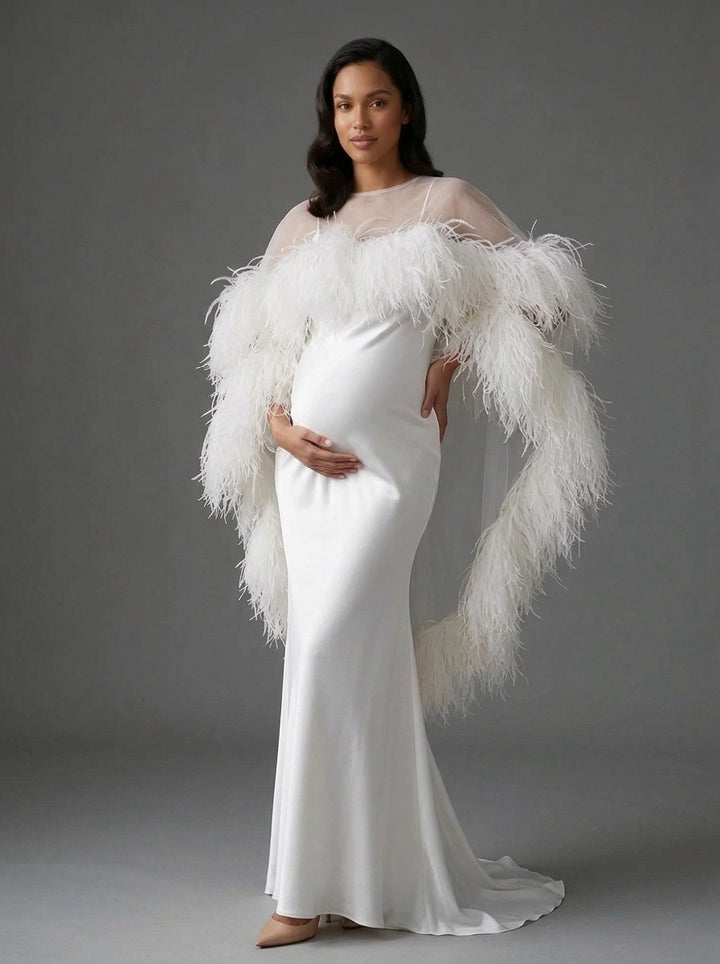 7-Layer Ostrich Feather Cape White Maternity Baby Shower DressYD261018