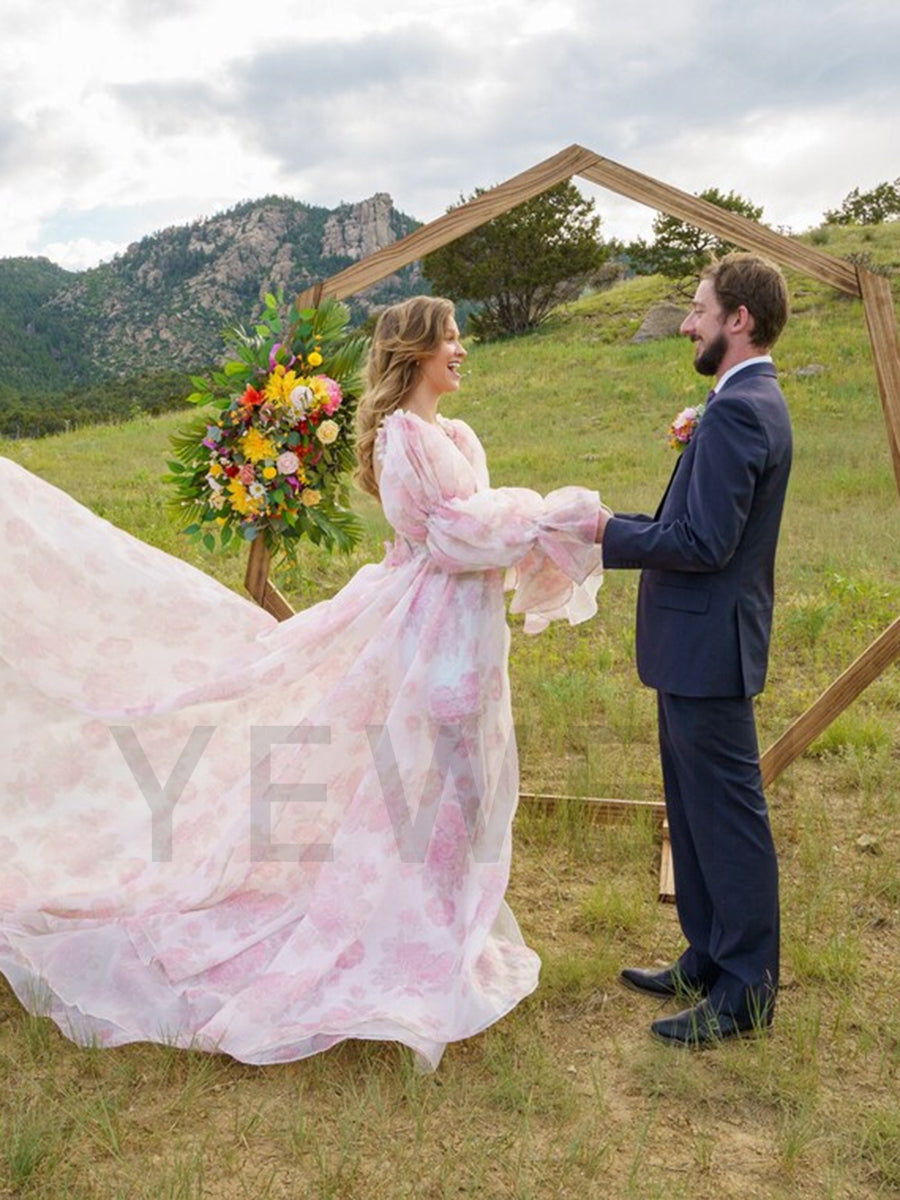 Printed Floral Organza Dresses Photoshoot Gown Side Leg Slit  YW221105-2