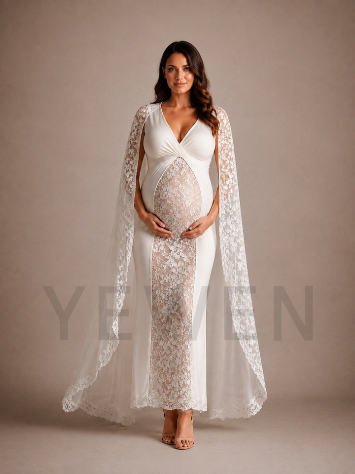 White Lace Cape Maternity Baby Shower Dress ZX014