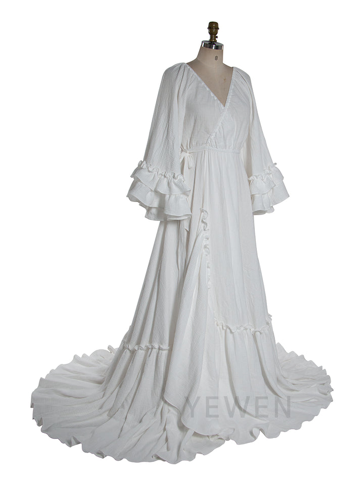 Boho Ruffle Sleeve Maxi Dress V Neck Vintage Bohemian Long Dress YW251051