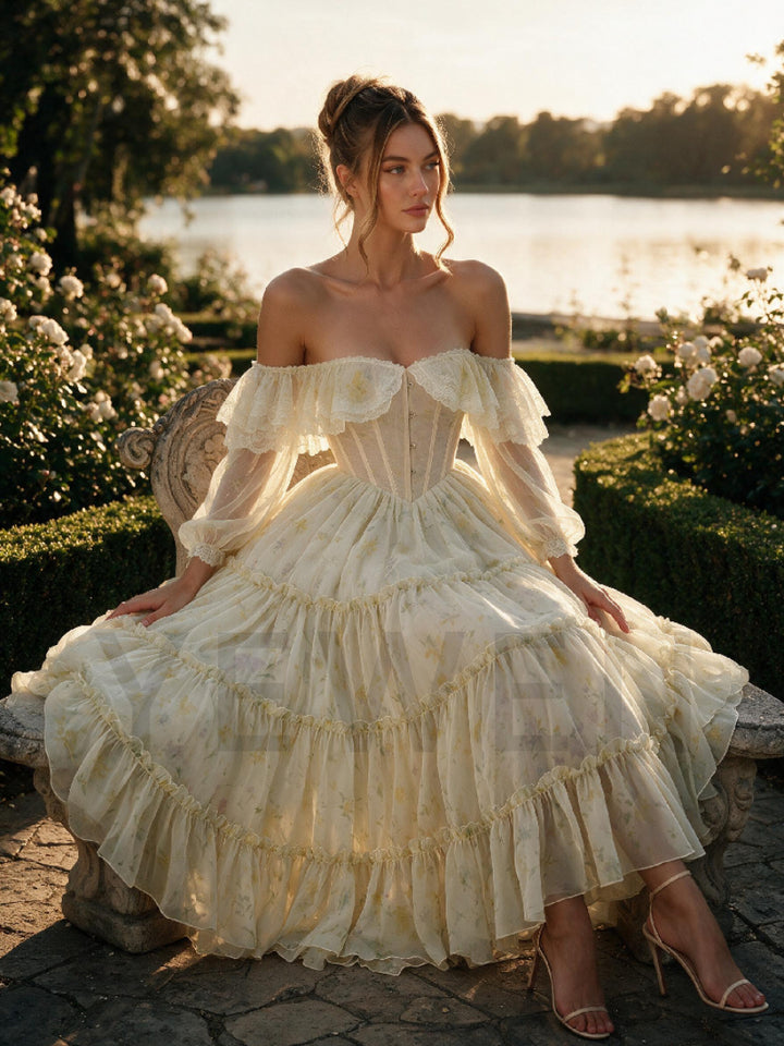 Yellow Floral Layered Ruffle Princess Dress With Puff Sleeve Corset WT268015