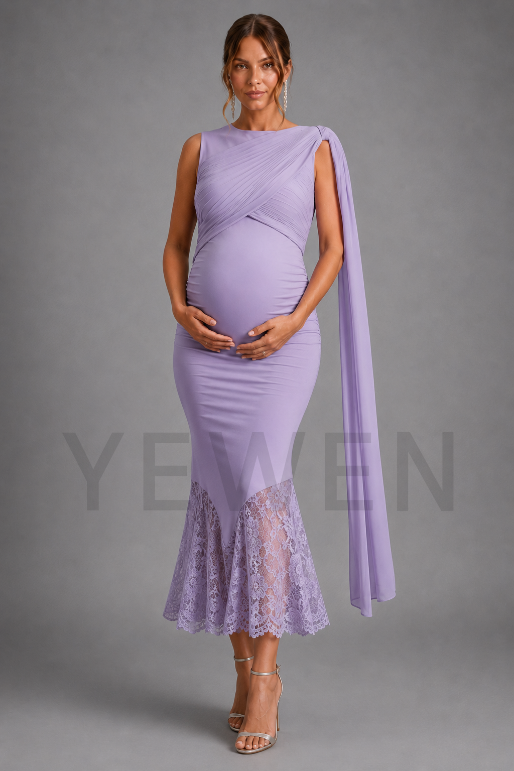 Elegant Lilac Ruched Bodice Maternity Mermaid Gown Baby Shower Dress L-26813