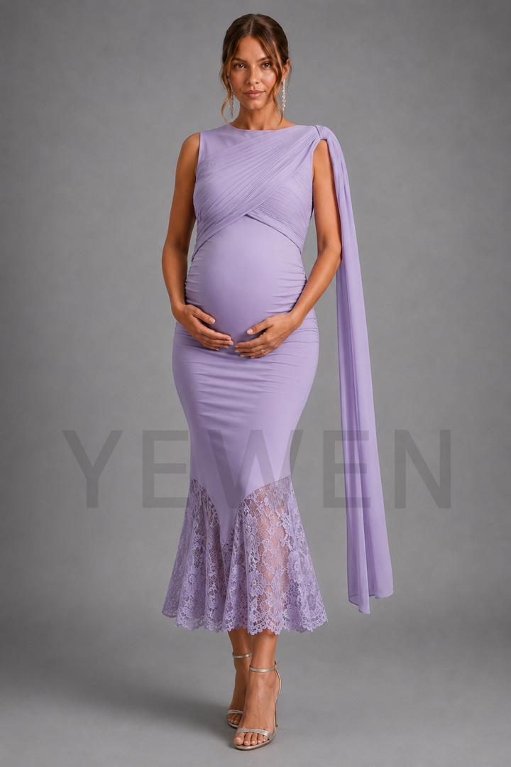 Elegant Lilac Ruched Bodice Maternity Mermaid Gown Baby Shower Dress L-26813