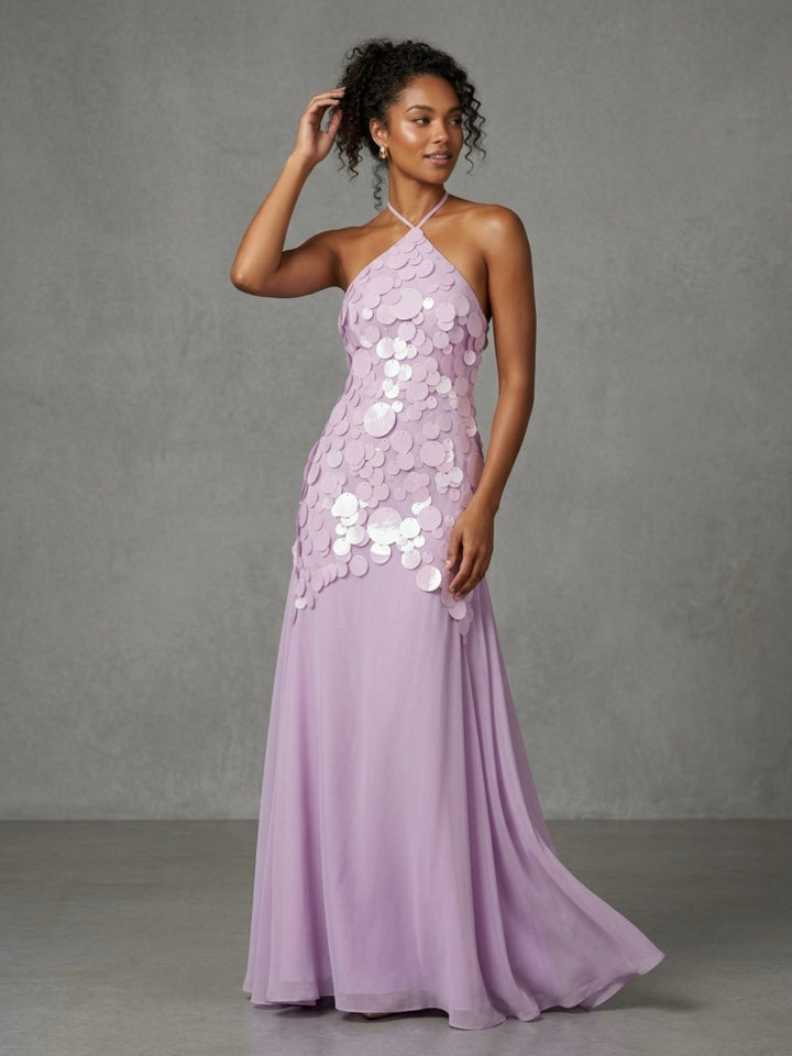 Halter Sequin Evening Dress with Flowy Long Skirt YD261003