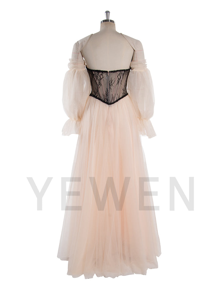 A Line Ball Gown Corset Waist Mesh Lace Floor Length Dress Photoshoot Dress YW250062