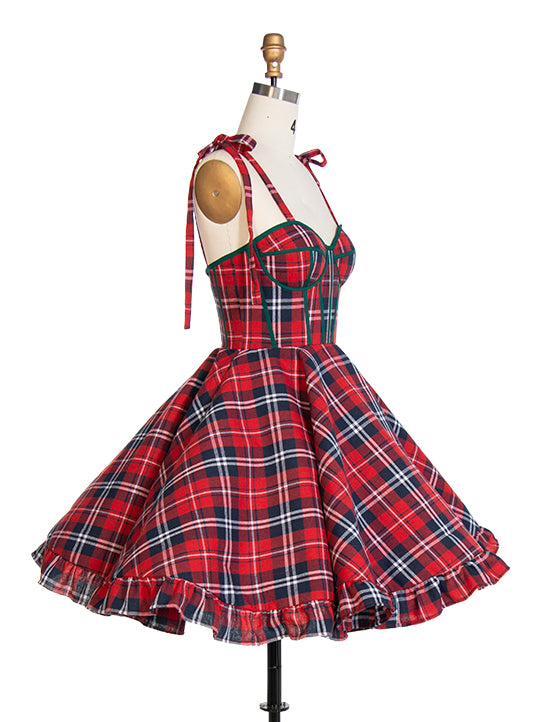 Vintage Christmas Plaid Dress A-Line Knee Length Party Tartan Dresses YW243106