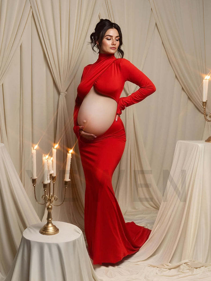 Long Sleeves Stretchy Fabric Red Maternity Dresses for Photoshoot Show Belly Baby Shower Dresses YW243168