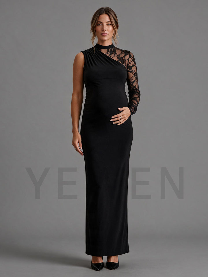 Elegant High-Neck Asymmetric Lace Sleeve Maternity Gown for Baby Shower