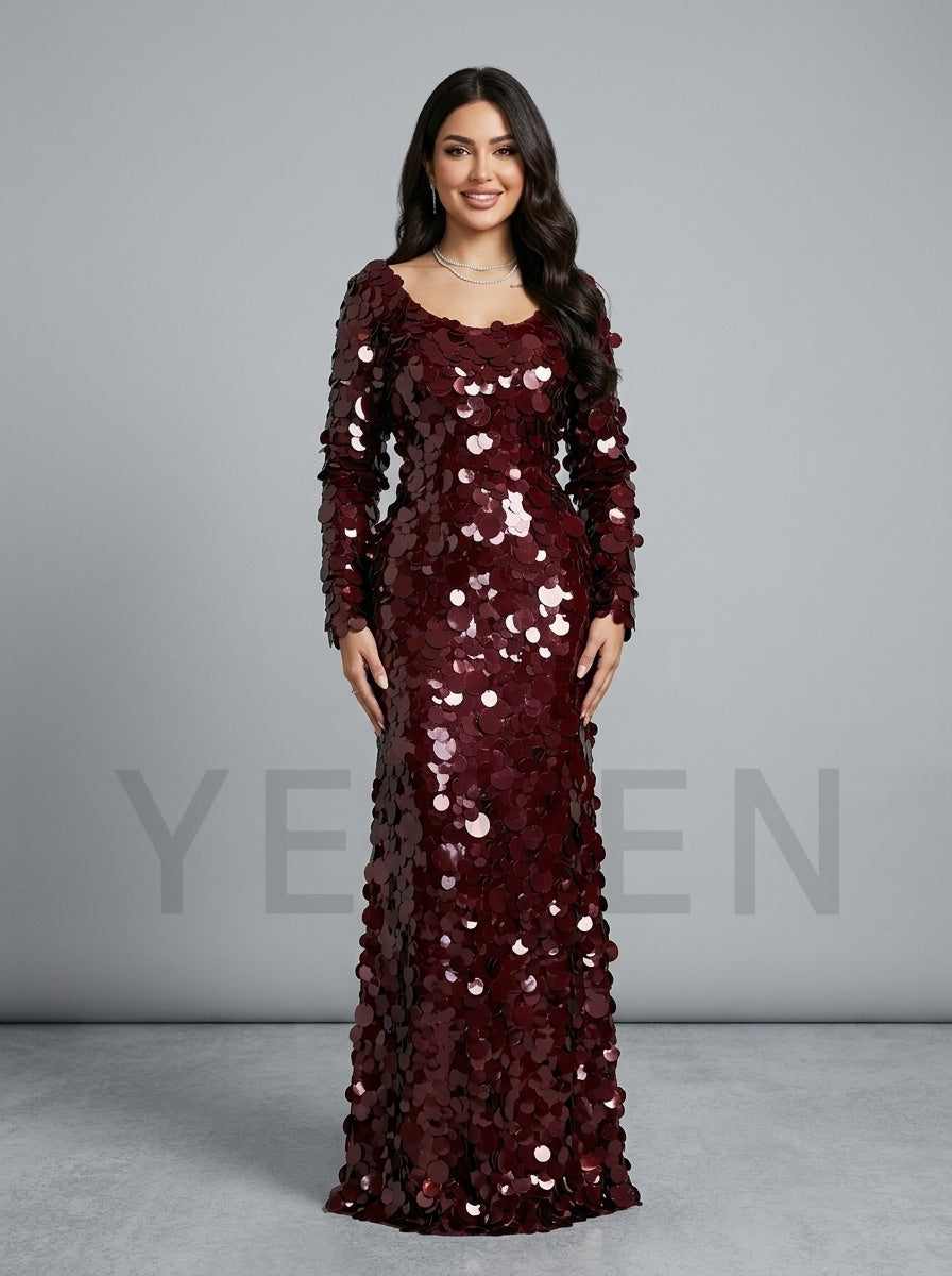 Pink Scoop Neck Big Sequin Long Sleeve Fitted Evening Gown YD261024