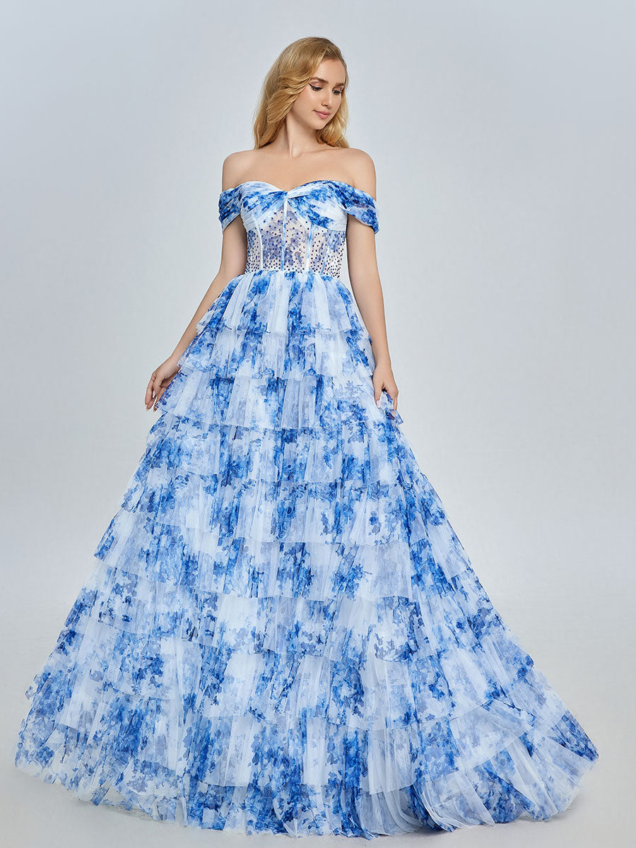 Off-Shoulder Blue Floral Tulle Gown Layered Prom Dress YE3025
