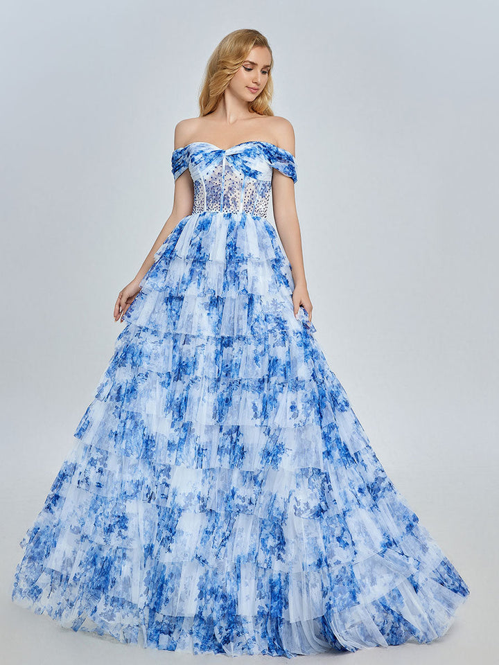 Off-Shoulder Blue Floral Tulle Gown Layered Prom Dress YE3025