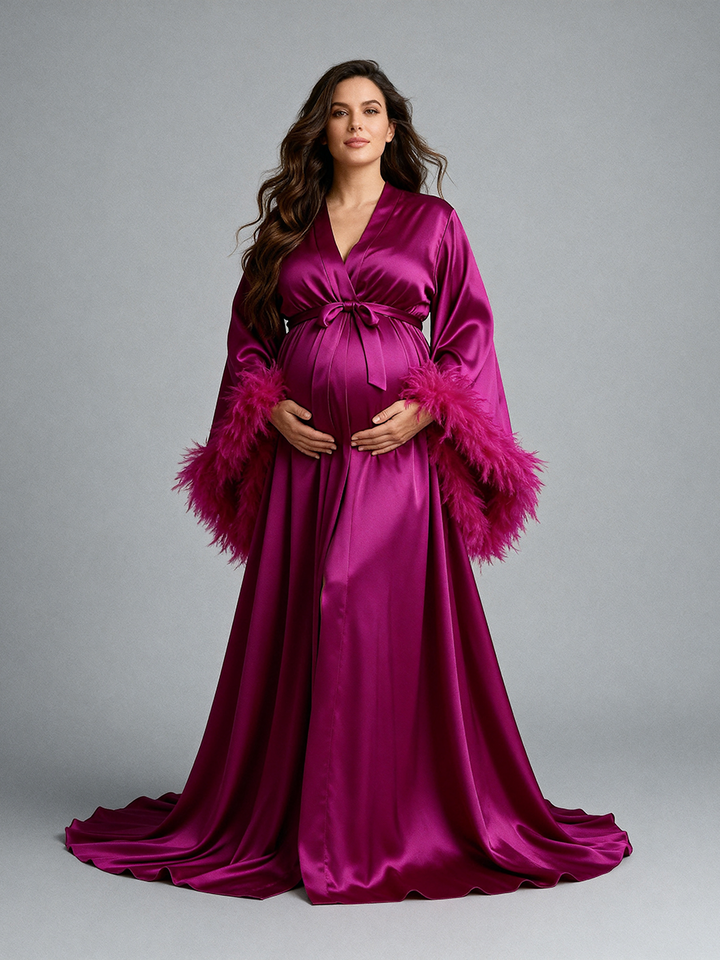 Elegant Magenta Satin Maternity Robe Long Train Feather Trim Pregnancy Photoshoot Dress Luxury Maternity Photography Outfit