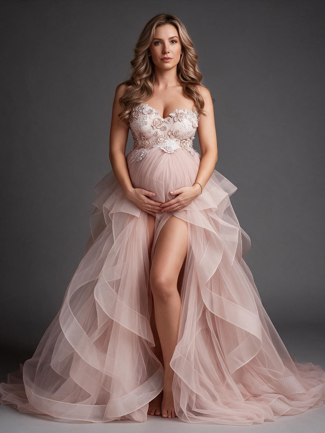 Strapless Floral Tulle High Slit Maternity Photoshoot Gown YW2693012