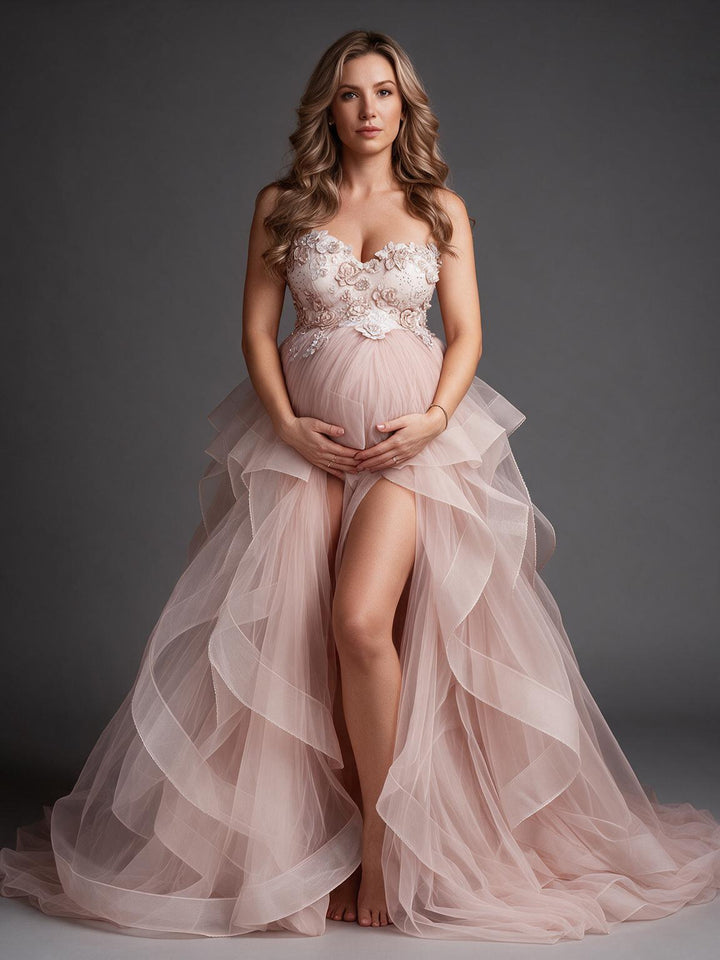Strapless Floral Tulle High Slit Maternity Photoshoot Gown YW2693012
