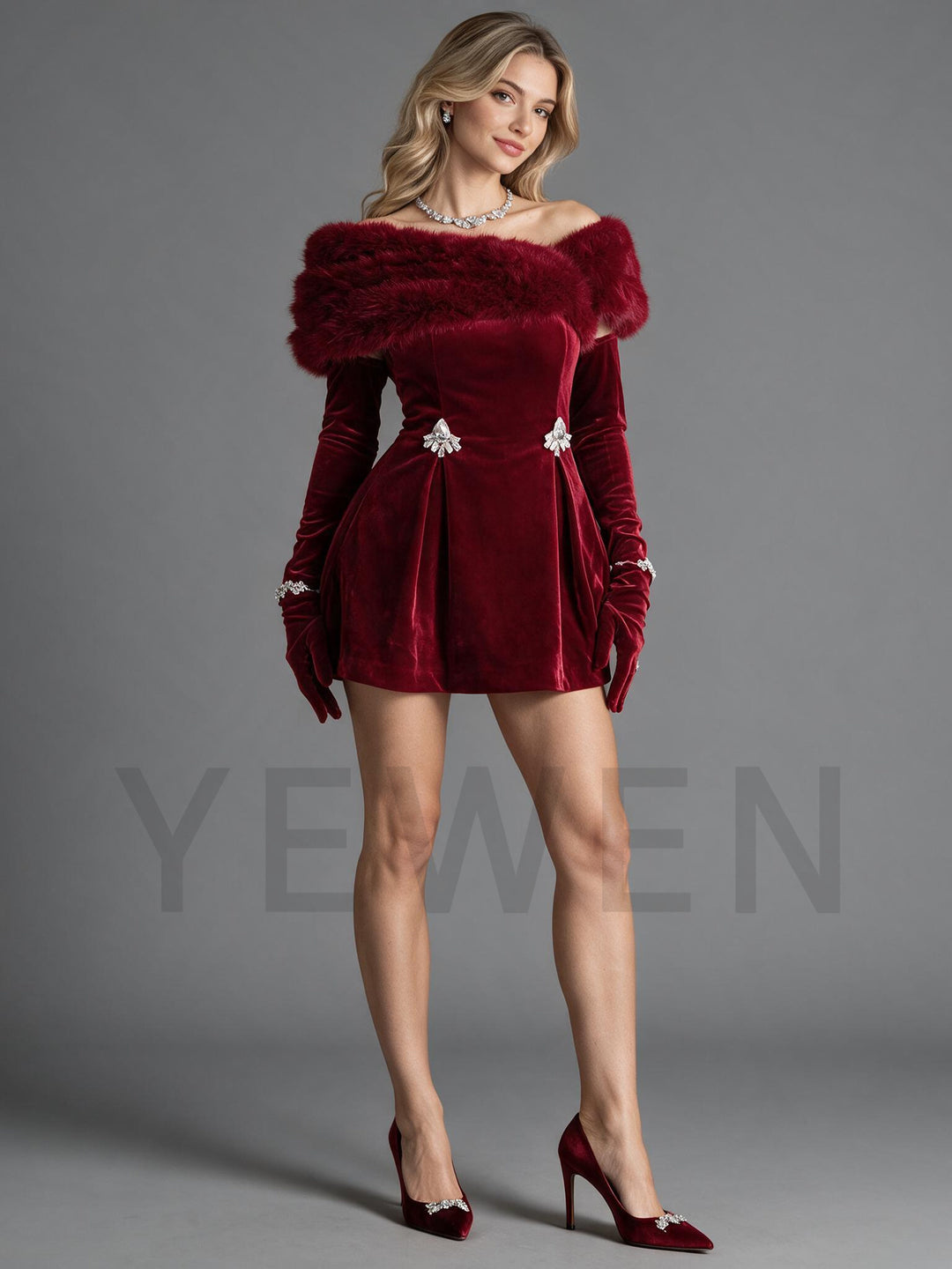 Off-Shoulder Faux Fur Velvet Christmas Dress with Mini Skirt YW2609215