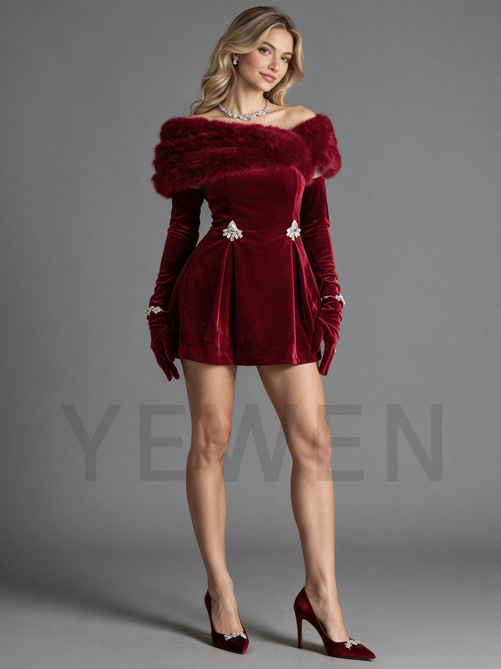 Off-Shoulder Faux Fur Velvet Christmas Dress with Mini Skirt YW2609215