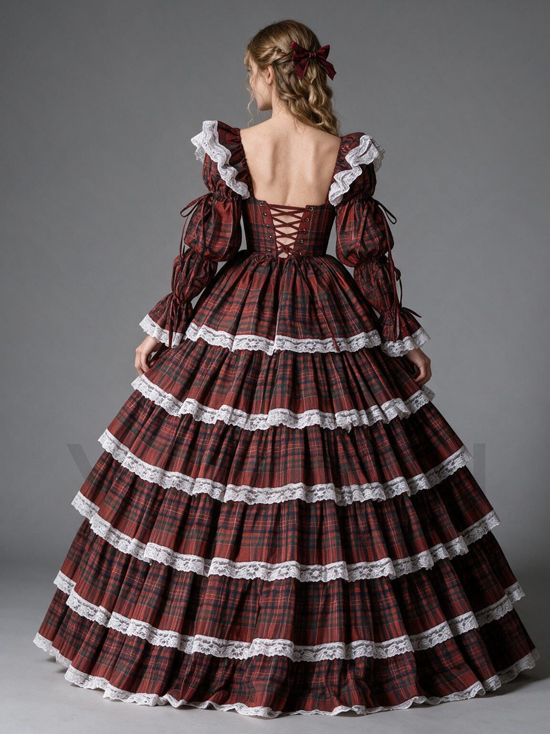 Red Tartan Plaid Lace Ruffle Puff Sleeve Princess Dress YW2609299