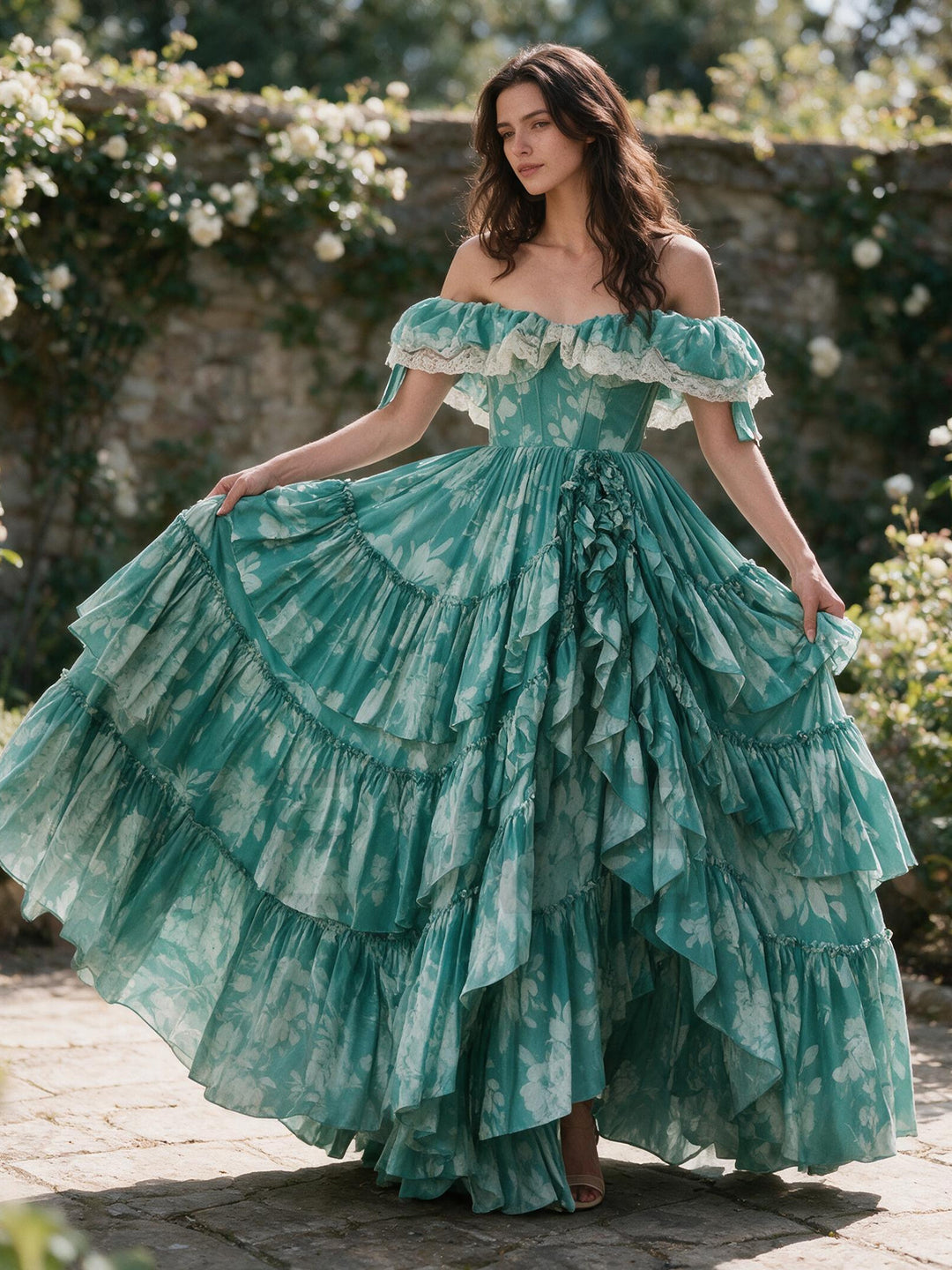 Mint Green Floral Tiered Ruffle Off-Shoulder Princess Dress YW2610148