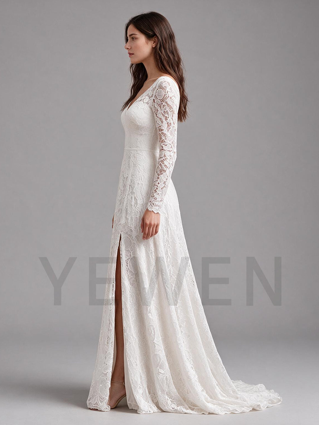 Ivory V-Neck Sheer Long Sleeve High Waist Boho Wedding Dress
