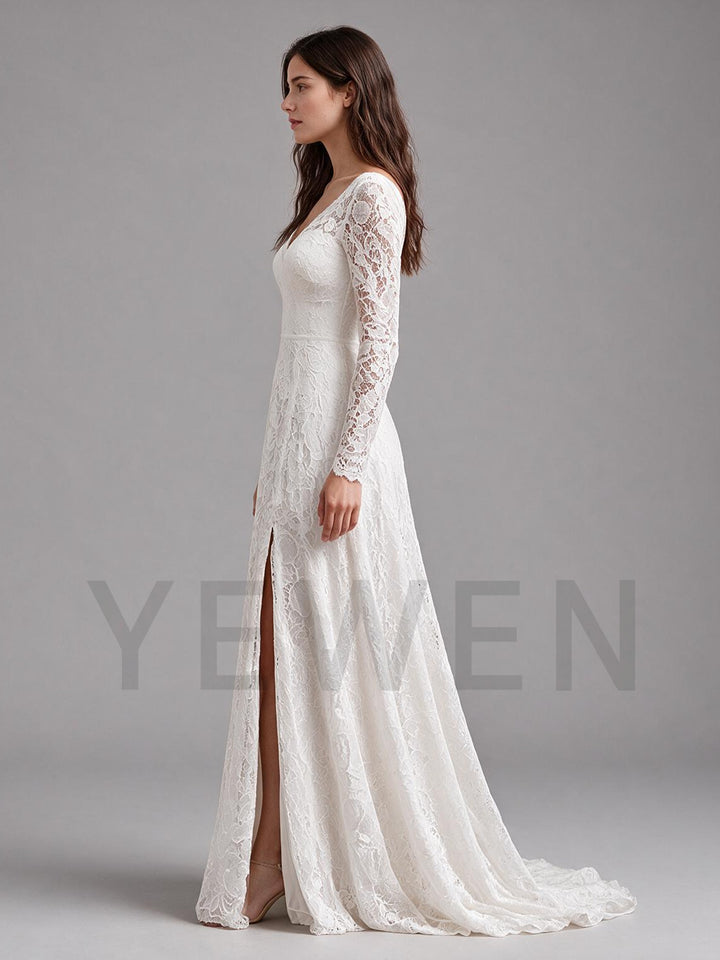 Ivory V-Neck Sheer Long Sleeve High Waist Boho Wedding Dress