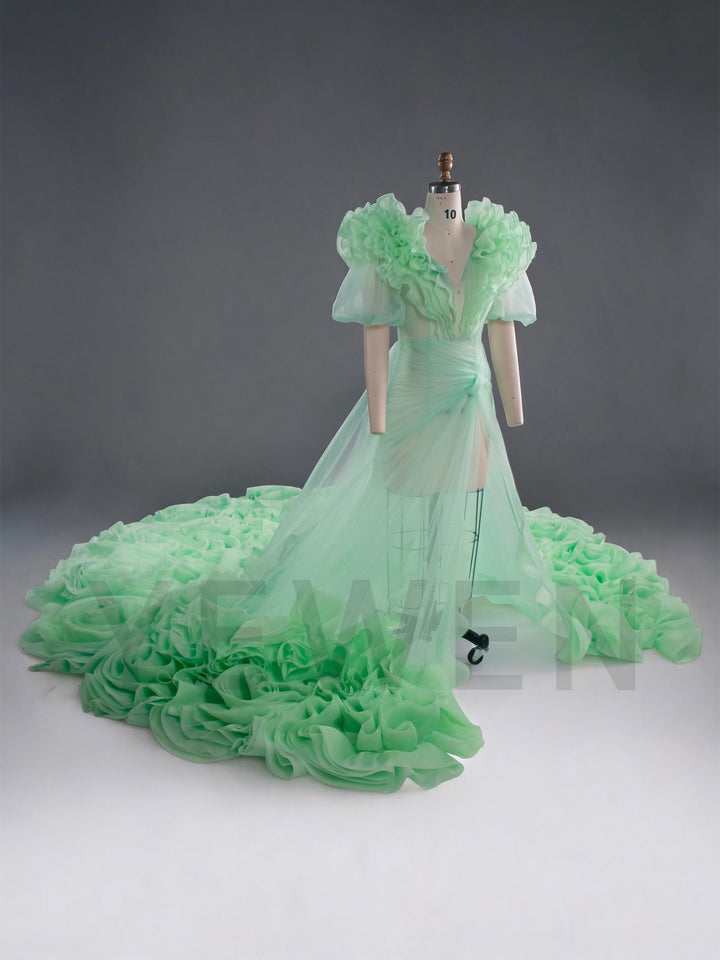 Luxury Mint Green Photo Shoot Gown Ruffle Deep V-Neck Puff Sleeve Avant-Garde Runway Gown YW260322