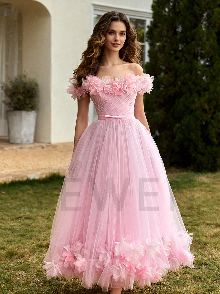 Pink Off Shoulder Tulle Wedding Party Dress Occasion Dress