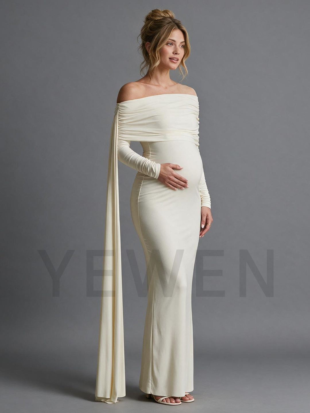 Off-Shoulder Draped Long Cape Maternity Dress for Baby Shower YM261014