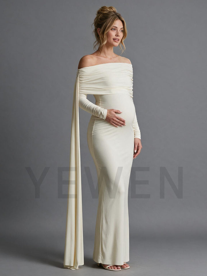 Off-Shoulder Draped Long Cape Maternity Dress for Baby Shower YM261014