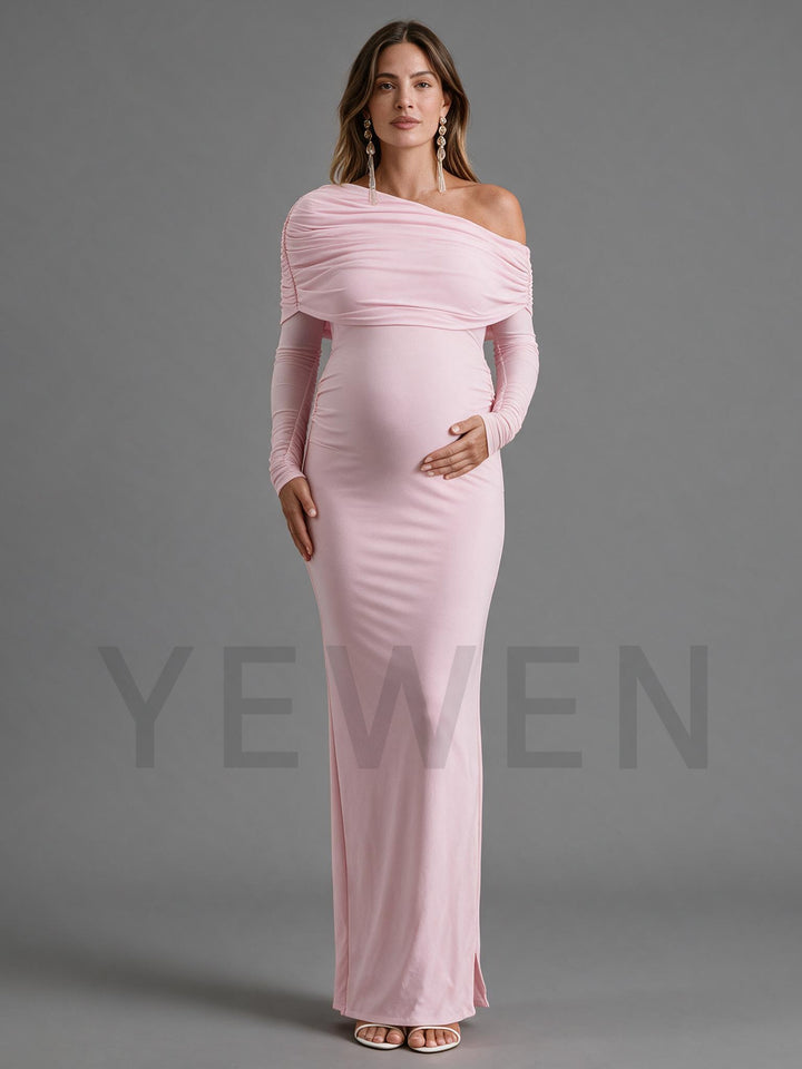 Baby Pink Ruched Long Sleeve Bodycon Maternity Maxi Dress for Baby Shower