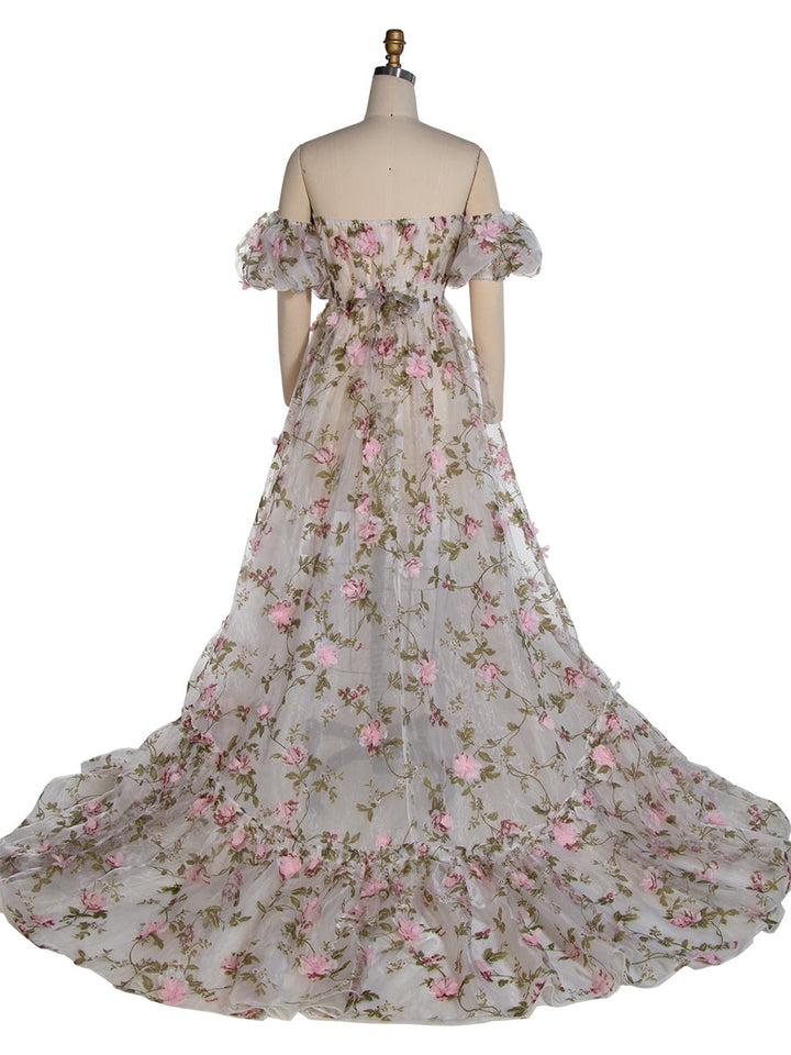 Pink Floral Rose Organza Dress Puff Short Sleeve Photography Dress Client Closet YW240046