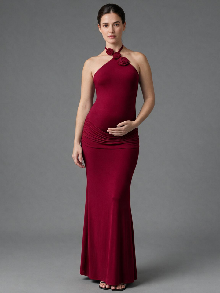 Halter 3D Handmade Rose Maternity Baby Shower Dress