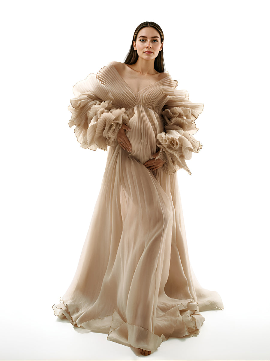 V Neck Pleated Organza Maternity Dresses for Photoshoot Long Dress for Maternity Shoot Baby Shower Dresses YW243116
