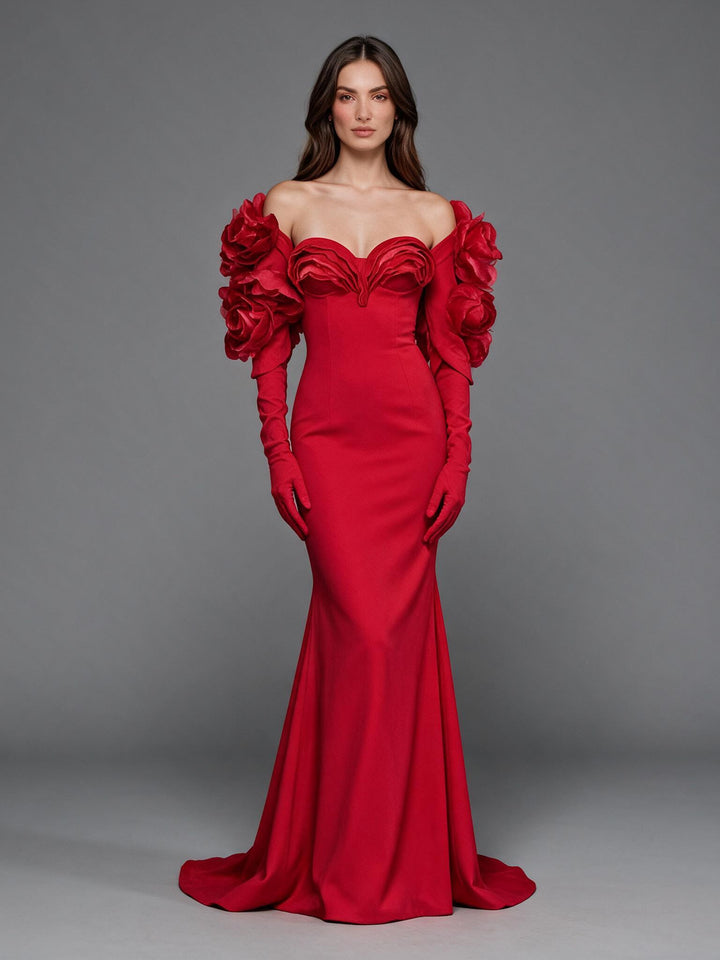 3D Rose Off-Shoulder Long Gloves Fitted Mermaid Evening Gown YA261002
