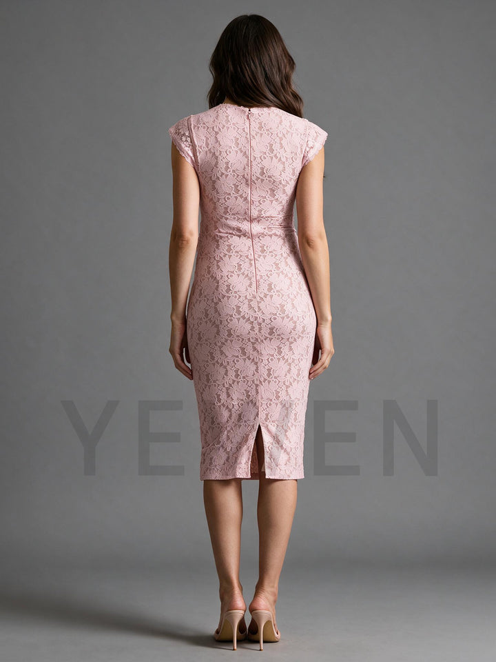 Pink Lace Maternity Dress for Baby Shower Mock Neck Bodycon Midi Gown