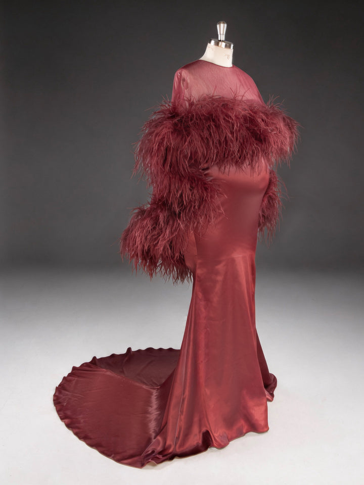 Burgundy Ostrich Feather Cape Maternity Baby Shower Dress YD260917