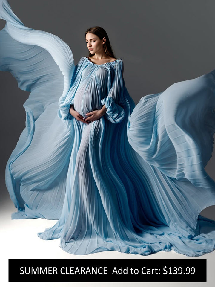 Flowing Pleated Blue Maternity Gown for Photoshoot Elegant Off Shoulder Pregnancy Dress with Long Train YW250071
