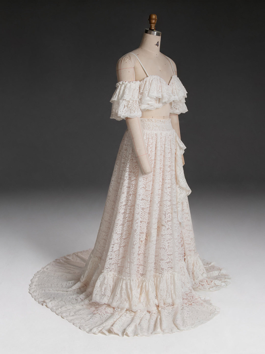 Ivory Lace Two-Piece Off-Shoulder Wedding Dress with High Slit Ruffle Skirt